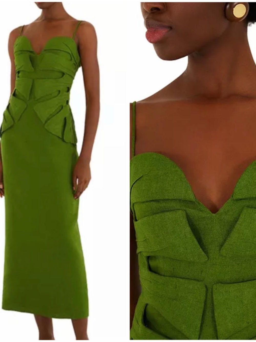 Farm Rio Monstera Leaf Linen Sleeveless Green Sculpted Bodice Midi Dress - Picture 7 of 7